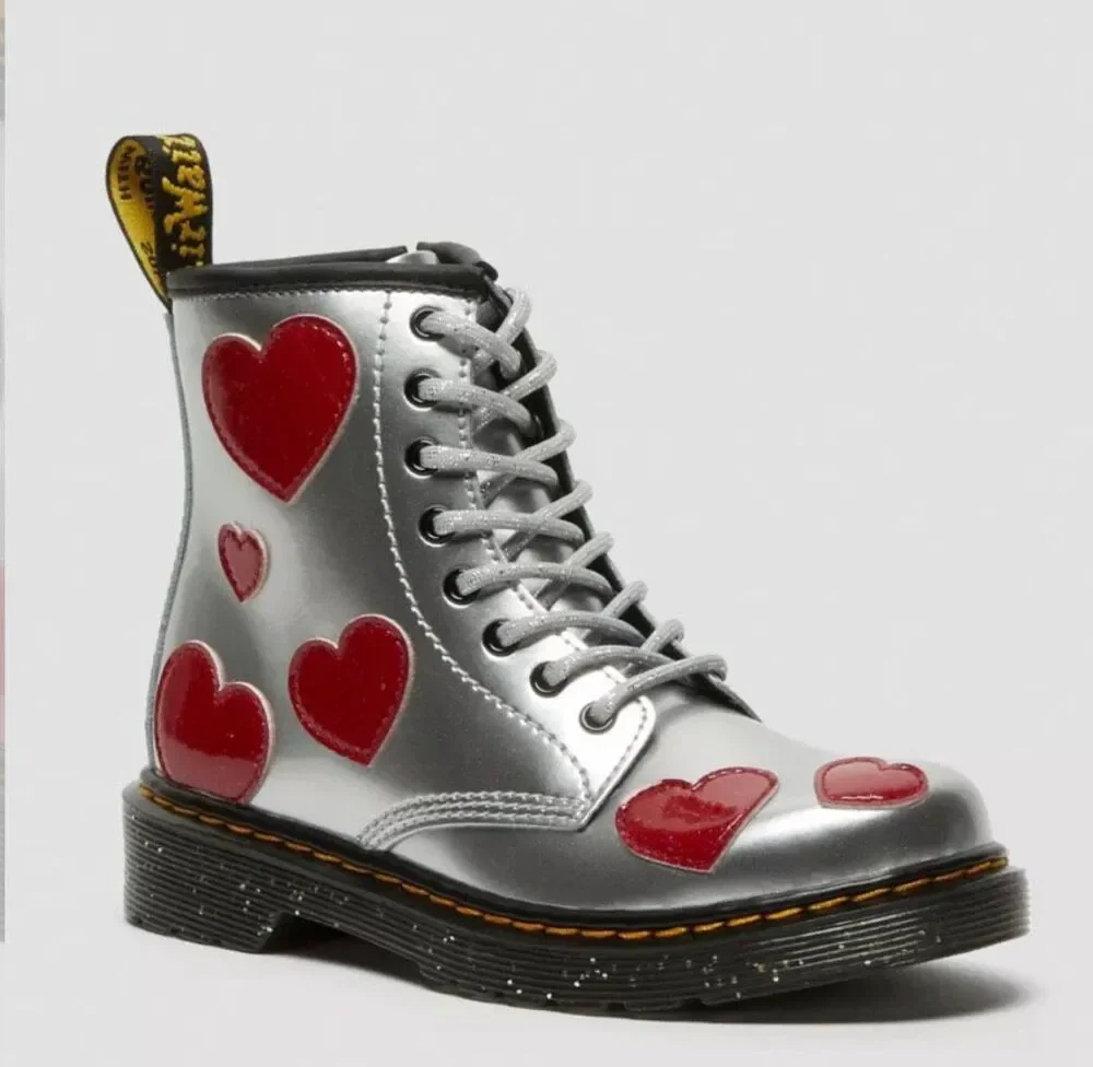 Doc Dr. Martens 1460 Red Star Applique Silver Lace Up Boots Kid's Size 2